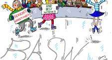 A cartoon of a people holding a signs saying season's greetings from BASW