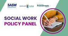logo for social work policy panel, with all three participant logos and person writing on paper