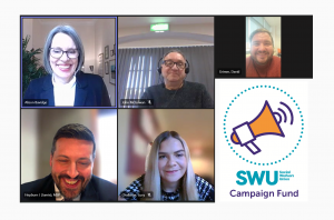 A screenshot of a Microsoft Teams meeting with Minister Jamie Hepburn, students David Grimm & Lucy Challoner, SWU General Secretary John McGowan, and SASW National Director Alison Bavidge.